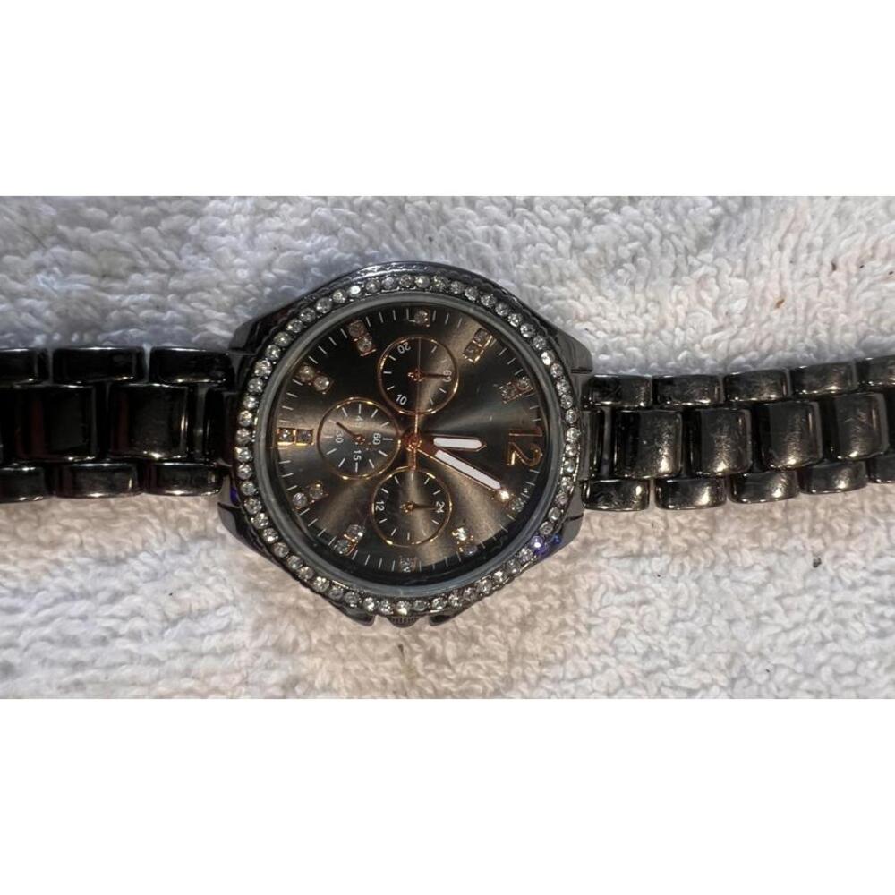 Black Women's Quartz Watch with Rhinestone Accents